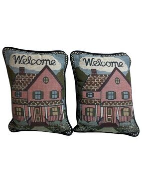 Vtg 90s Country Cottage Welcome Woven Tapestry Pillows - Pair of 2 VGC 10x8